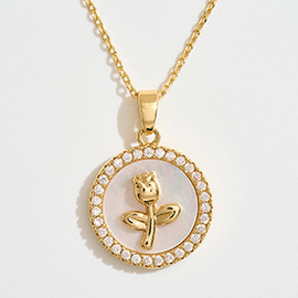 14K Gold Dipped CZ Stone Rim Flower Embossed Mother of Pearl Medallion Pendant Necklace
