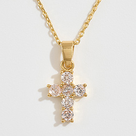 14K Gold Dipped CZ Stone Cross Pendant Necklace