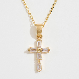 14K Gold Dipped Baguette Cut CZ Stone Cross Pendant Necklace