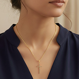 14K Gold Dipped CZ Stone Bezel Cross Pendant Necklace