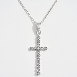 White Gold Dipped CZ Stone Bezel Cross Pendant Necklace