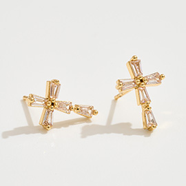 14K Gold Dipped CZ Stone Cross Stud Earrings