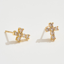 14K Gold Dipped CZ Stone Cross Mini Stud Earrings