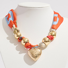 Gold Dipped Puffy Textured Heart Charm Accent Fabric Scarf Necklace Adjustable Bracelet Bag Charm