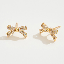 14K Gold Dipped CZ Stone Paved Mini Bow Stud Earrings