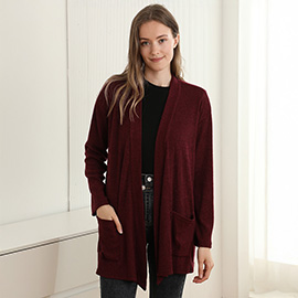 Solid Color Knit Ribbed Open Front Cardigan with Pockets