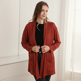 Solid Color Knit Ribbed Open Front Cardigan with Pockets