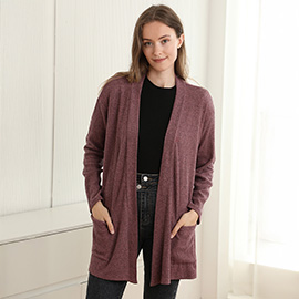 Solid Color Knit Ribbed Open Front Cardigan with Pockets