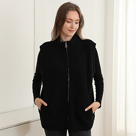 Cozy Solid Oversized Zipper Front Pocket Sweater Vest