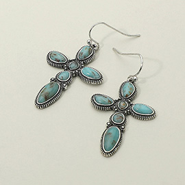 Vintage Oval Stone Inlay Cross Dangle Earrings