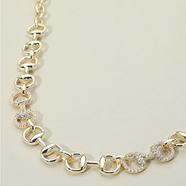 14K Gold Plated CZ Stone Paved Horsebit Link Chain Necklace