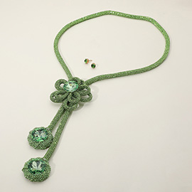 Round Stone Pointed Bling Studded Flower Pendant Long Necklace