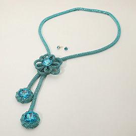 Round Stone Pointed Bling Studded Flower Pendant Long Necklace
