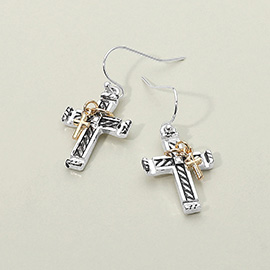 Two Tone Double Cross Charm Dangle Earrings