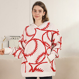Cozy Baseball Pattern Hooded Sweater with Pocket