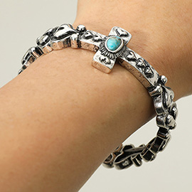 Decorative Centerpiece Oval Stone Cross Vintage Metal Heart Beaded Stretch Bracelet