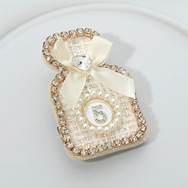 Bow Pearl Rim Number Five Accent Tweed Perfume Bottle Pin Brooch Hair Clip