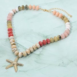 Textured Metal Starfish Pendant Resin Disc Beaded Statement Necklace