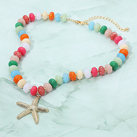 Textured Metal Starfish Pendant Resin Disc Beaded Statement Necklace