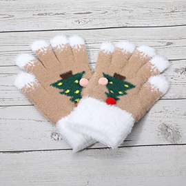Cozy Fuzzy Pom Pom Christmas Tree Accent Winter Gloves