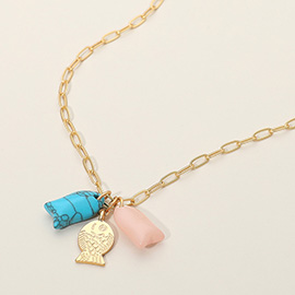 Metal Fish Boho Gemstone Pendant Paperclip Chain Necklace