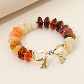 Stone Accent Metal Bow Accent Flat Resin Disc Beaded Stretch Bracelet