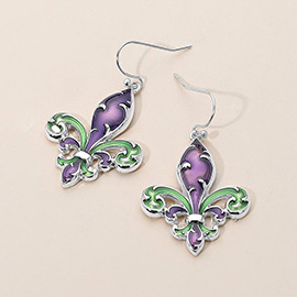 Enamel Mardi Gras Fleur de Lis Dangle Earrings