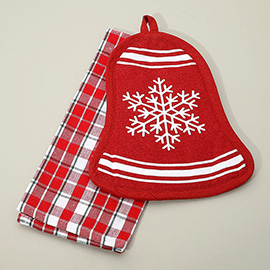 2PCS - Holiday Plaid Kitchen Towel Snowflake Printed Bell Pot Holder Set