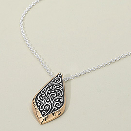 Two Tone Metal Intricate Artisan Leaf Pendant Necklace
