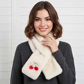 Faux Fur Plush Cherry Embroidered Pull Through Scarf