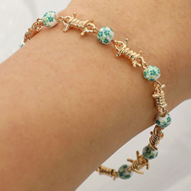 Floral Ceramic Ball Metal Rope Wrap Link Bracelet