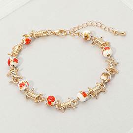 Floral Ceramic Ball Metal Rope Wrap Link Bracelet