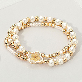 3PCS - Floral Accent Pearl Metal Ball Beaded Stretch Multi Layered Bracelets