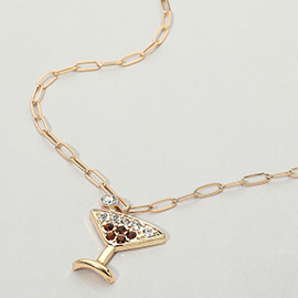 Stone Paved Martini Glass Pendant Paperclip Chain Necklace