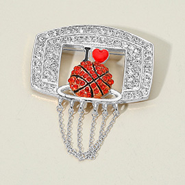 Rhinestone Paced Chain Net Enamel Basketball Pin Brooch