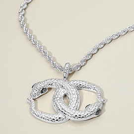 Bold Textured Metal Interlocking Snake Pendant Chunky Twisted Chain Necklace