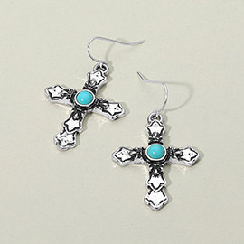 Turquoise Stone Center Vintage Metal Cross Dangle Earrings