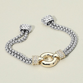 14K Gold Plated CZ Stone Paved Circular Centerpiece Dual Chain Magnetic Bracelet