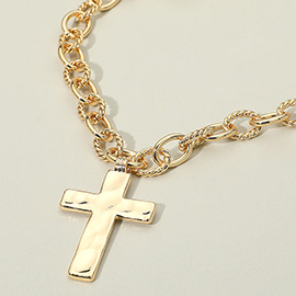 Hammered Metal Cross Chunky Textured Chain Necklace