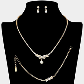 CZ Baguette Stone Cluster Bow Pearl Dangle Pendant Accent Rhinestone Paved Jewelry Set