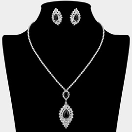 Teardrop Stone Center Rhinestone Paved Pendant Accent Necklace