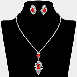 Teardrop Stone Center Rhinestone Paved Pendant Accent Necklace