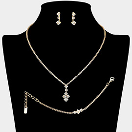 Square Round CZ Stone Cluster Pendant Accent Rhinestone Paved Jewelry Set