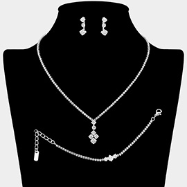 Square Round CZ Stone Cluster Pendant Accent Rhinestone Paved Jewelry Set