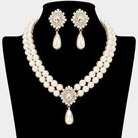 Glamours Oval Rhinestone Pendant Accent Double Strand Pearl Necklace
