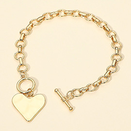 Hammered Metal Heart Charm Chain Link Toggle Bracelet
