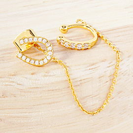 Gold Dipped CZ Stone Paved Horseshoe Hypoallergenic Chain Ear Cuff Earrings