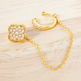 Gold Dipped CZ Stone Paved Quatrefoil Accent Chain Ear Cuff Earrings