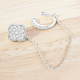 White Gold Dipped CZ Stone Paved Quatrefoil Accent Chain Ear Cuff Earrings