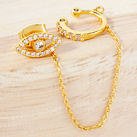 Gold Dipped CZ Stone Paved Evil Eye Chain Ear Cuff Earrings